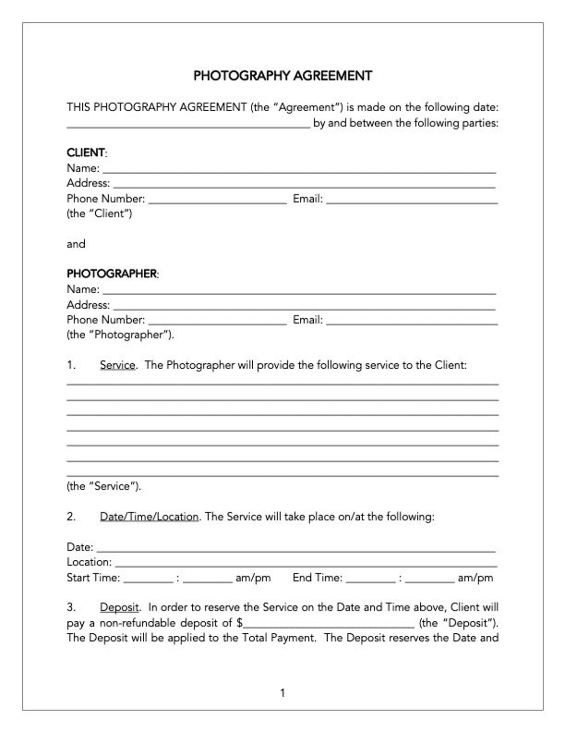 Photography Contract Template, Photography Agreement, Photographer