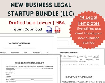 Könnte beinhalten: Eine rote Sternburst-Grafik mit dem Text "14 Legal Templates" und "Alles, was Sie brauchen, um Ihr neues Unternehmen zu starten". Die Grafik ist auf einen weißen Hintergrund mit dem Text "NEW BUSINESS LEGAL STARTUP BUNDLE (LLC)" und "Entworfen von einem Anwalt | MBA Sofortiger Download" gelegt. Das Bild zeigt auch eine Vorschau eines Rechtsdokuments mit dem Titel "Operating Agreement of" und "Independent Contractor Agreement".