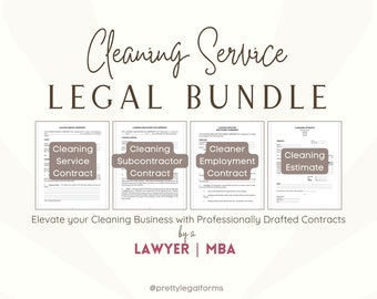 May include: A digital download bundle of four legal documents for cleaning businesses. The documents include a cleaning service contract, a cleaning subcontractor contract, a cleaner employment contract, and a cleaning estimate. The documents are professionally drafted by a lawyer and MBA.