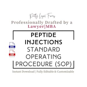 Puede incluir: Fondo blanco con texto: "Pretty Legal Forms" y "Profesionalmente redactado por un abogado|MBA." El texto "PEPTIDE INJECTIONS STANDARD OPERATING PROCEDURE (SOP)" está en un cuadro negro. Incluye iconos DOC y PDF.