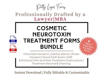Może przedstawiać: Biała grafika z tekstem "Pretty Legal Forms" i "Professionally Drafted by a Lawyer|MBA". Obraz promuje "Cosmetic Neurotoxin Treatment Forms Bundle" z 8 formularzami, w tym zgodą i dokumentacją leczenia. Zawiera ikony DOC i PDF.