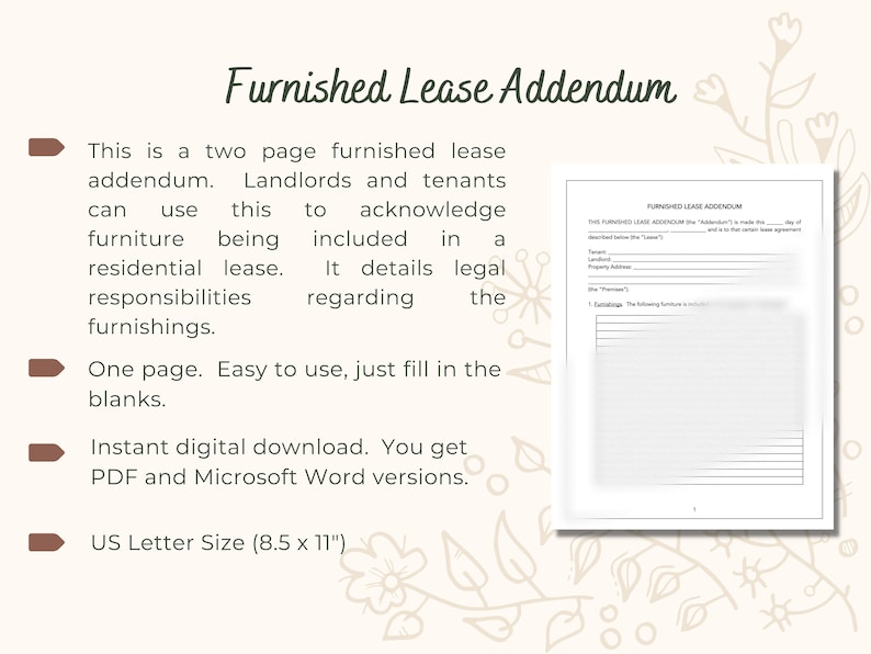 Furnished Lease Addendum landlord Tenant Furniture Included Etsy