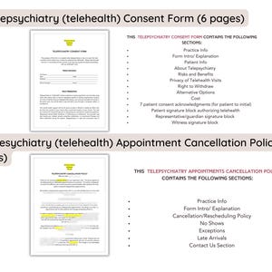 May include: A document outlining the Telepsychiatry Consent Form and Appointment Cancellation Policy. The document includes sections for practice information, patient information, risks and benefits, privacy of telehealth visits, right to withdraw, alternative options, cost, and contact information.