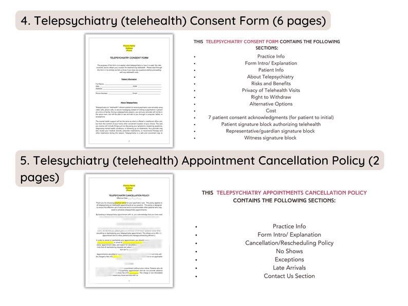 May include: A document outlining the Telepsychiatry Consent Form and Appointment Cancellation Policy. The document includes sections for practice information, patient information, risks and benefits, privacy of telehealth visits, right to withdraw, alternative options, cost, and contact information.