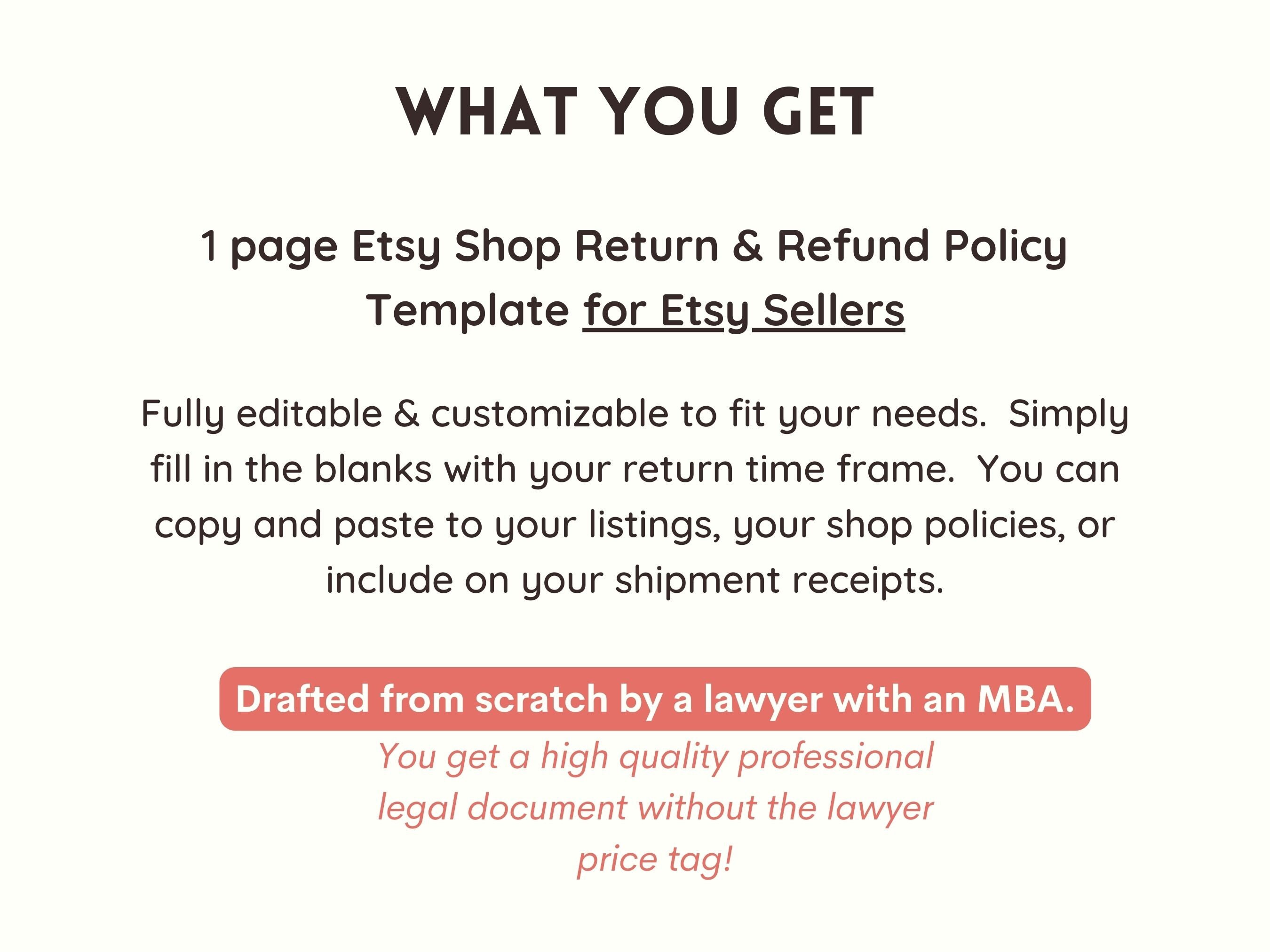 Etsy Seller Refund Policy Template, Etsy Shop Return Policy Form