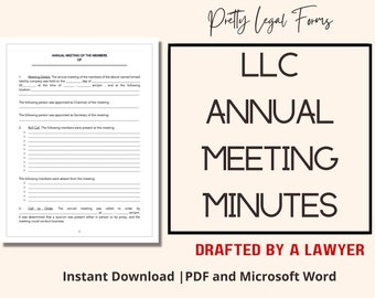 Peut inclure: Un formulaire imprimable de procès-verbal de réunion annuelle de SARL. Le document comprend des sections pour les détails de la réunion, l'appel nominal et l'appel à l'ordre. Le texte "DRAFTED BY A LAWYER" est en rouge. Les mots "Instant Download | PDF and Microsoft Word" sont en bas.