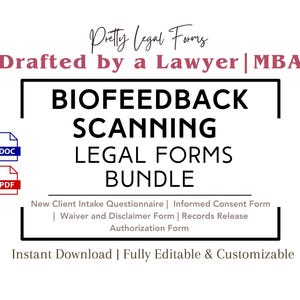 Può includere: Un download digitale di moduli legali per aziende di scansione di biofeedback. I moduli includono un nuovo questionario di ammissione dei clienti, un modulo di consenso informato, un modulo di rinuncia e liberatoria, un modulo di rilascio dei registri di autorizzazione. I moduli sono completamente modificabili e personalizzabili. L'immagine mostra il testo "Pretty Legal Forms" e "Drafted by a Lawyer | MBA" in testo rosa. L'immagine mostra anche il testo "BIOFEEDBACK SCANNING LEGAL FORMS BUNDLE" in testo nero. L'immagine mostra anche il testo "Instant Download | Fully Editable & Customizable" in testo nero.