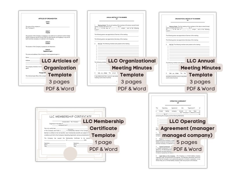 May include: A collage of six document templates for LLCs, including Articles of Organization, Organizational Meeting Minutes, Annual Meeting Minutes, Membership Certificate, and Operating Agreement. Each template is labeled with the document type, number of pages, and file formats (PDF & Word).