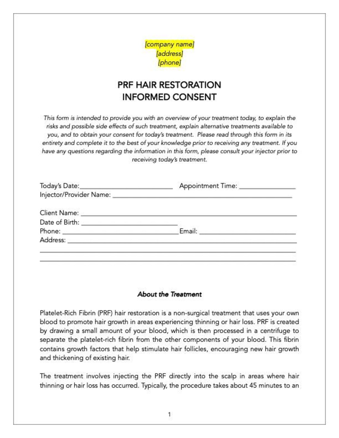 PRF Hair Restoration Consent Form Platelet Rich Fibrin Hair Injections ...