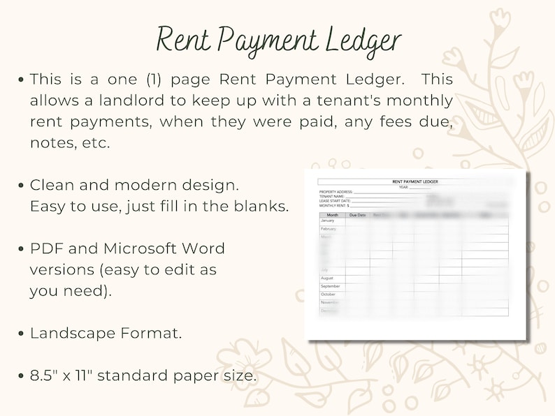 Rent Payment Ledger, Landlord Printable Rent Tracker, Instant Digital ...