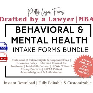 May include: A digital download bundle of 6 legal intake forms for behavioural and mental health practices. The forms are drafted by a lawyer and include a statement of patient rights and responsibilities, grievance policy, informed consent for treatment, telehealth consent, HIPAA notice of privacy practices, and HIPAA patient acknowledgment and authorisation. The forms are available in DOC and PDF formats.