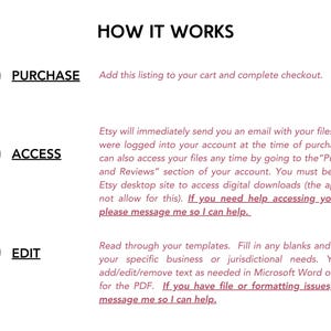 May include: A diagram with three steps explaining how to purchase, access, and edit digital files on Etsy. The steps are numbered 1, 2, and 3. The text includes the words "Purchase", "Access", and "Edit".