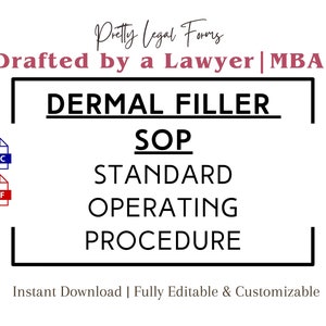 May include: A black and white image with a pink title bar that reads "Dermal Filler SOP Standard Operating Procedure". The text is in a bold, sans-serif font. The image also includes icons for a DOC and PDF file.