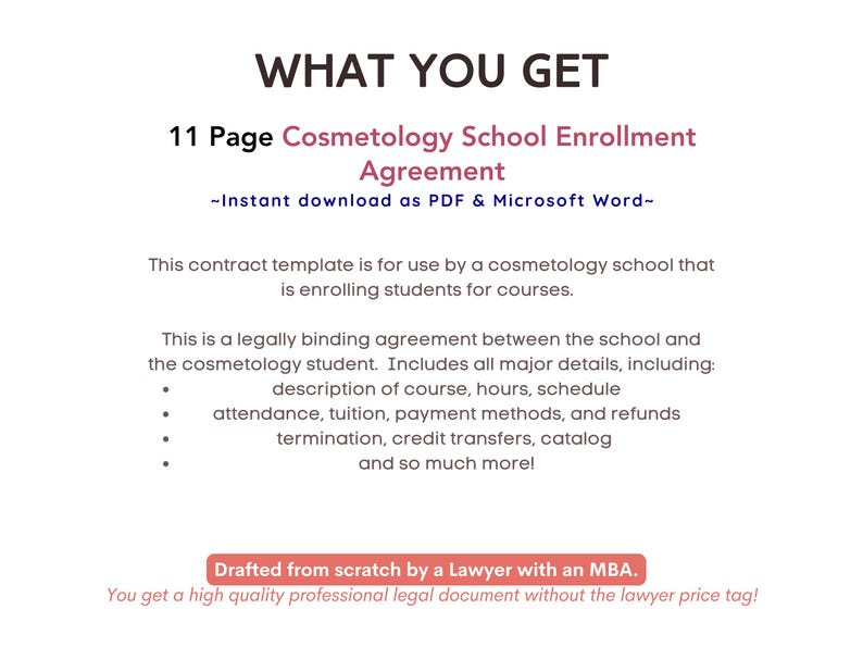 Cosmetology School Enrollment Agreement Template (PDF & Word) - Etsy