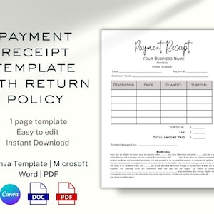 Payment Receipt with Return Policy Canva Template, Editable Receipt Template, Invoice Template with Shop Return Policy Canva Template