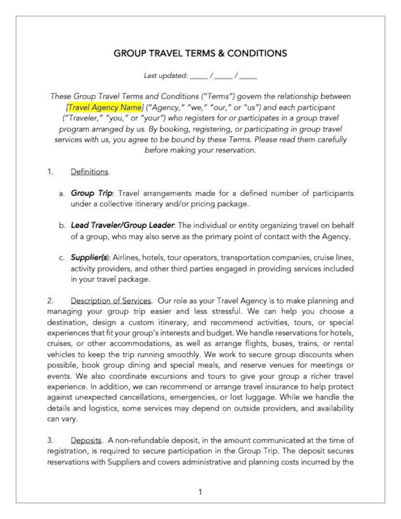 Group Travel Terms and Conditions Template, Travel Agency Group Booking