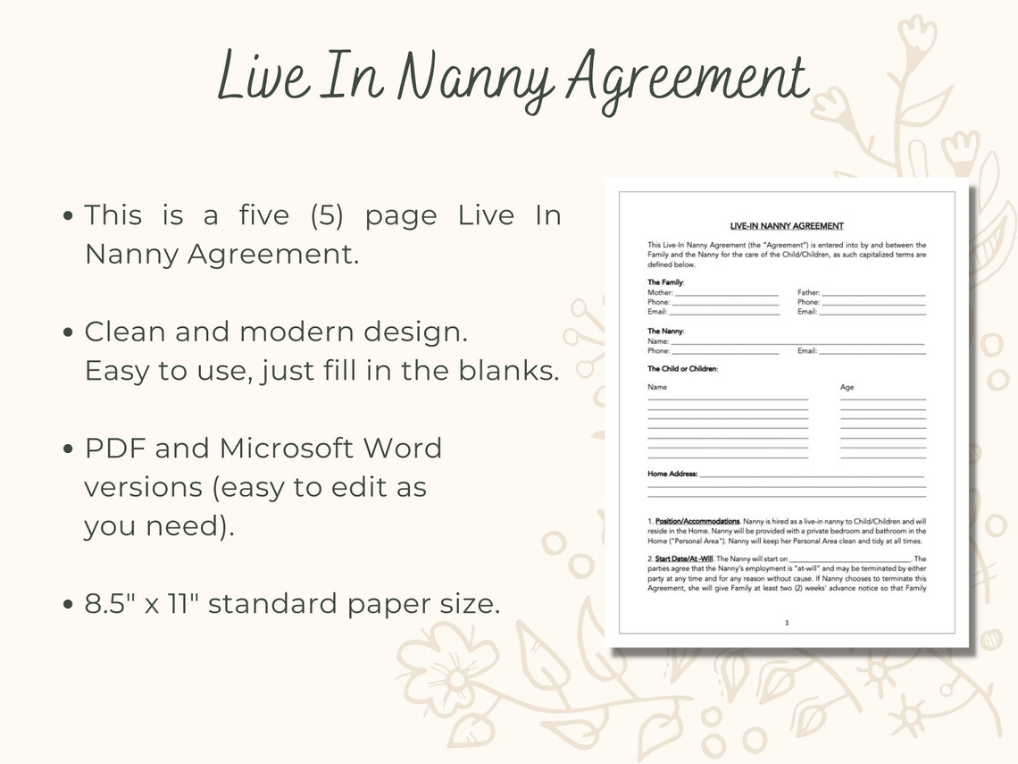 Live in Nanny Agreement Contract Template, Printable Instant Digital