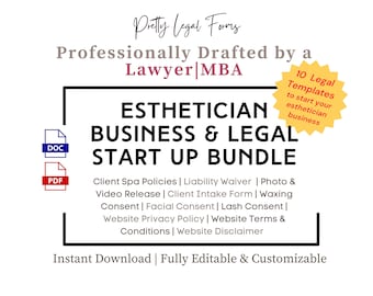 May include: A digital download bundle of 10 legal documents for estheticians, including client spa policies, liability waivers, photo and video releases, client intake forms, waxing consents, facial consents, lash consents, website privacy policies, website terms and conditions, and website disclaimers. The documents are professionally drafted by a lawyer with an MBA. The bundle is available in PDF and DOC formats. The text "Pretty Legal Forms" is at the top of the image.