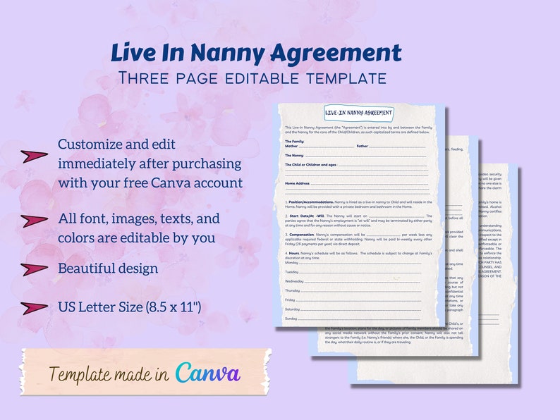 Live in Nanny Agreement Contract Editable Template Legal Etsy