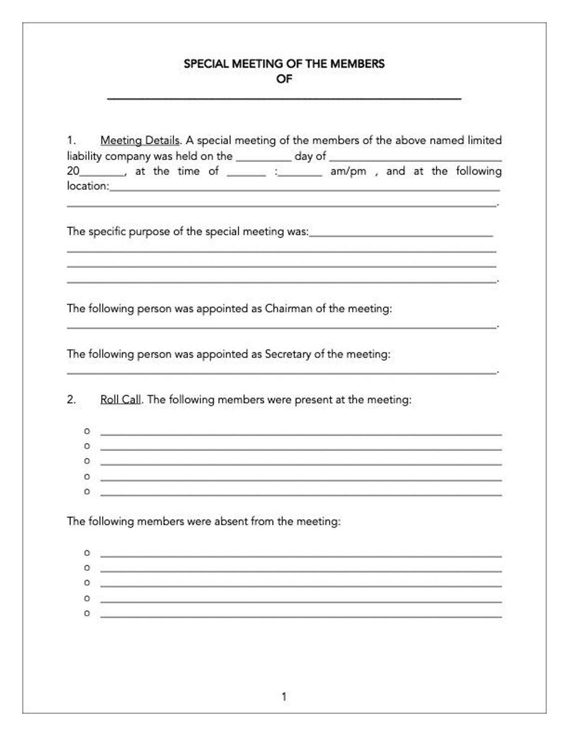 LLC Special Meeting Minutes Template Limited Liability Company Special ...