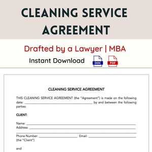 Cleaning Contract Template | Cleaning Service Agreement | Housekeeper Contract | Cleaner Agreement | Cleaning Business Editable Contract
