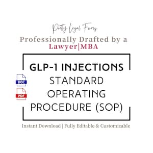 Könnte beinhalten: Weißes Dokument mit dem Text "GLP-1 INJECTIONS STANDARD OPERATING PROCEDURE (SOP)". Das Dokument trägt die Bezeichnung "Pretty Legal Forms" und "Professionally Drafted by a Lawyer|MBA". Enthält DOC- und PDF-Symbole.