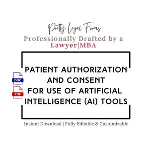 Puede incluir: Gráfico blanco con el texto "Pretty Legal Forms" y "Autorización y consentimiento del paciente para el uso de herramientas de inteligencia artificial (IA)." Incluye iconos DOC y PDF.