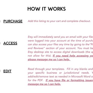 May include: A diagram with three steps explaining how to purchase, access, and edit digital files on Etsy. The steps are numbered 1, 2, and 3. The text includes the words "Purchase", "Access", and "Edit".