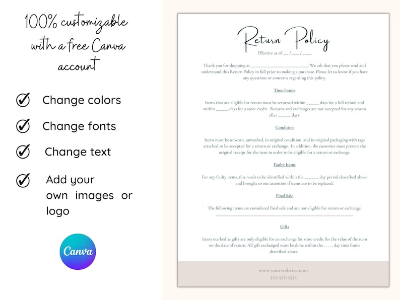 Return Policy Shop Sign CANVA Template, Boutique Return Policy Sign