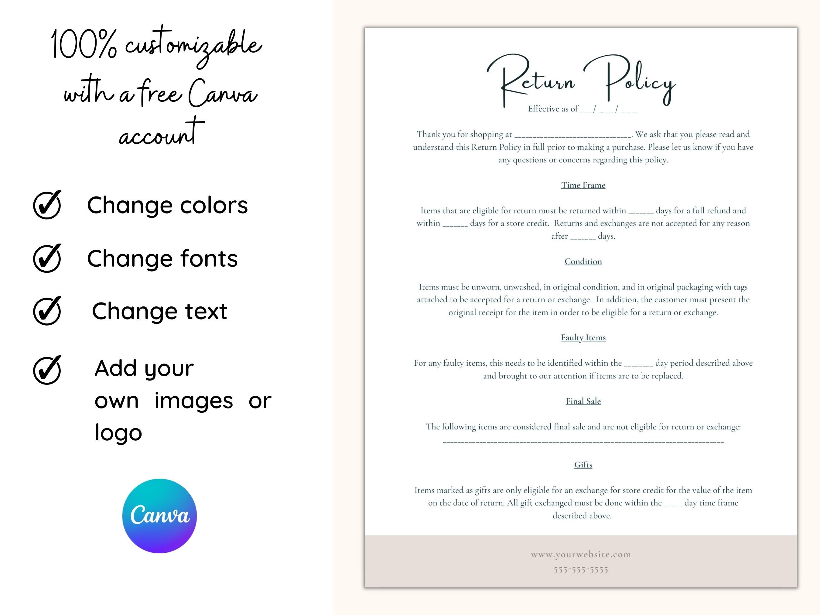 Return Policy Shop Sign CANVA Template, Boutique Return Policy Sign, Retail Return Policy