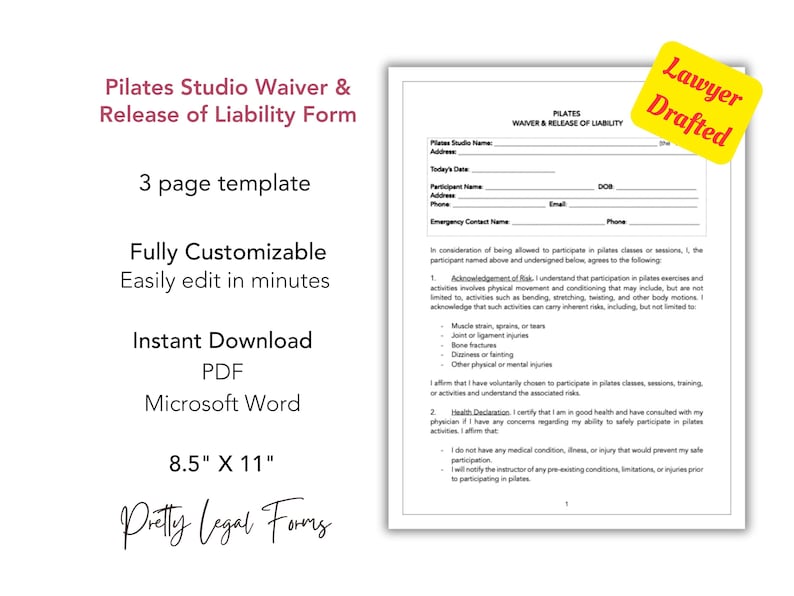 Pilates Waiver and Release of Liability Template Pilates Studio Legal ...
