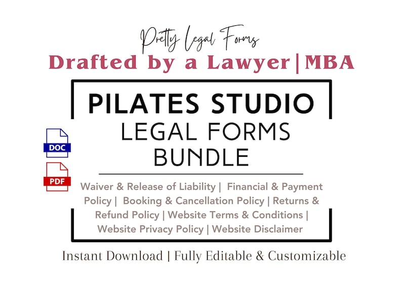 Puede incluir: Un gr&aacute;fico blanco con el texto "Pretty Legal Forms" y "Drafted by a Lawyer | MBA". La imagen promociona un "PILATES STUDIO LEGAL FORMS BUNDLE" con varios documentos legales. Incluye iconos DOC y PDF. El texto tambi&eacute;n menciona "Instant Download | Fully Editable & Customizable".