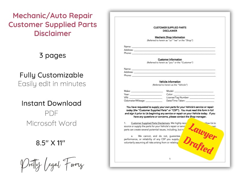 Customer Supplied Parts Disclaimer Template Mechanic Waiver Form Auto