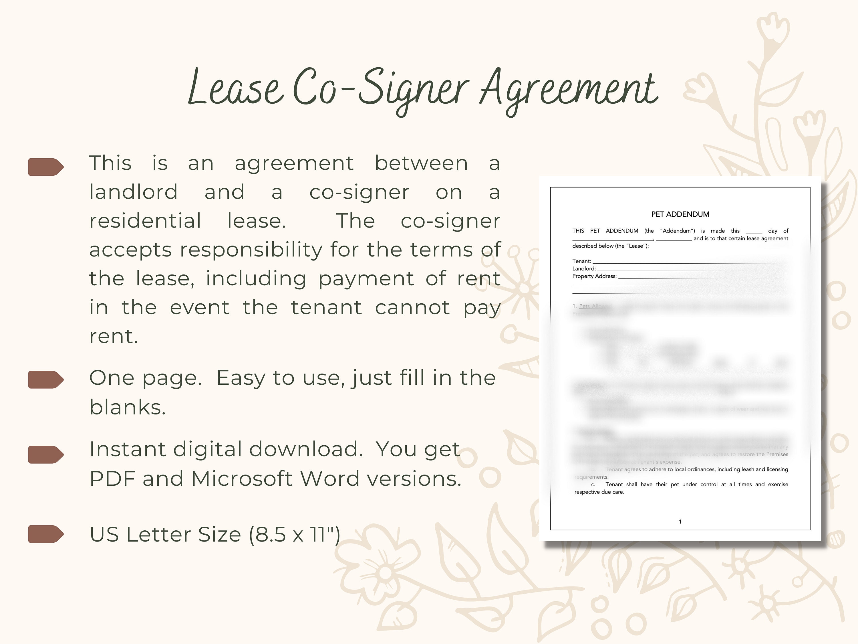 Lease Cosigner Agreement, Residential Lease Cosigner Addendum Lease Cosigner Agreement, Residential Lease Cosigner Addendum