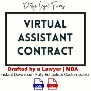 Könnte beinhalten: Ein Schwarzweißbild mit weißem Hintergrund. Der Text "VIRTUAL ASSISTANT CONTRACT" befindet sich in einem schwarzen Rechteck mit abgerundeten Ecken. Unter dem Rechteck steht der Text "Drafted by a Lawyer | MBA" in Rot. Darunter steht der Text "Instant Download | Fully Editable & Customizable" in Schwarz. Darunter befinden sich zwei Symbole, eines für eine DOC-Datei und eines für eine PDF-Datei.