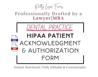 Zahnarztpraxis HIPAA Zustimmung | Denal HIPAA-Patient Bestätigung und Autorisierung | Arztpraxen | Zahnarzt HIPAA Vorlage