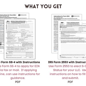 May include: Two pages of instructions for IRS forms SS-4 and 2553. The SS-4 form is for applying for an Employer Identification Number (EIN) and the 2553 form is for electing S-Corp status for a limited liability company (LLC).
