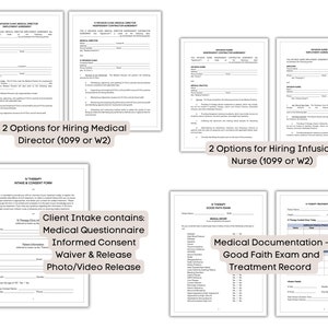 May include: A collage of six documents for a therapy clinic. The documents include intake forms, consent forms, medical questionnaires, good faith exams, and treatment records.