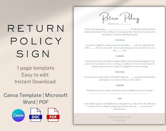 Return Policy Shop Sign CANVA Template, Boutique Return Policy Sign, Retail Return Policy Editable Template Canva, Store Return Policy Form