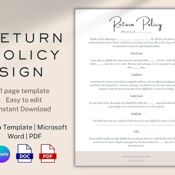Return Policy Shop Sign CANVA Template, Boutique Return Policy Sign, Retail Return Policy Editable Template Canva, Store Return Policy Form