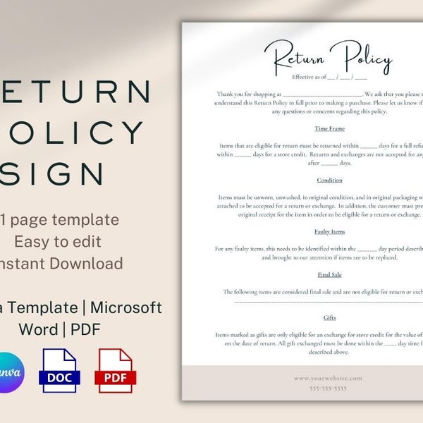 Return Policy Shop Sign CANVA Template, Boutique Return Policy Sign, Retail Return Policy Editable Template Canva, Store Return Policy Form