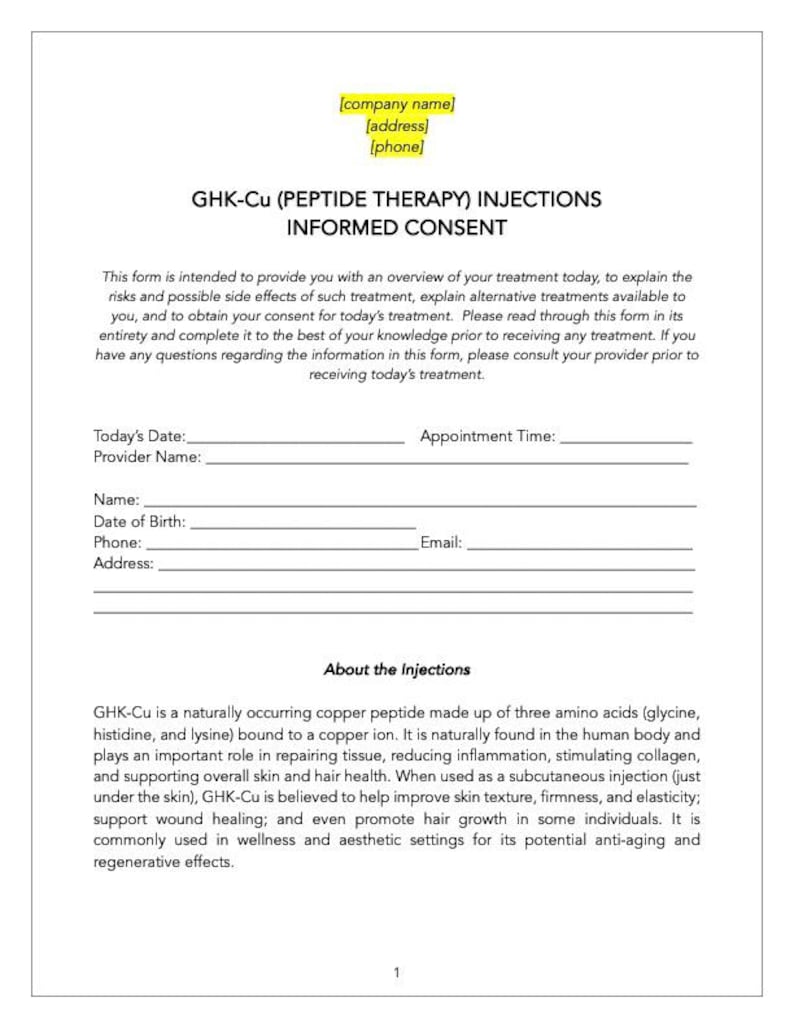 Ghk-cu Injection Informed Consent Template Peptide Therapy Consent Form ...