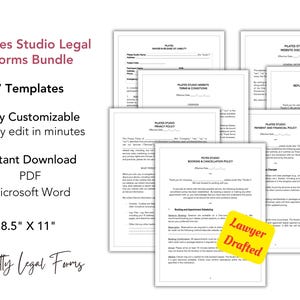 Puede incluir: Paquete de formularios legales de Pilates Studio, que incluye 7 plantillas, totalmente personalizables y f&aacute;ciles de editar. Descarga instant&aacute;nea en formatos PDF y Microsoft Word. Los formularios miden 21,6 x 27,9 cm y est&aacute;n redactados por un abogado.