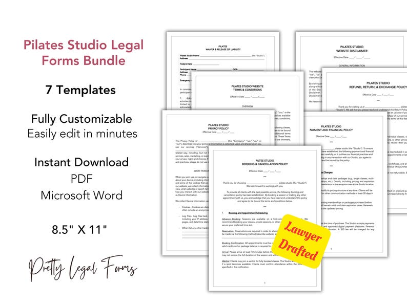Puede incluir: Paquete de formularios legales de Pilates Studio, que incluye 7 plantillas, totalmente personalizables y f&aacute;ciles de editar. Descarga instant&aacute;nea en formatos PDF y Microsoft Word. Los formularios miden 21,6 x 27,9 cm y est&aacute;n redactados por un abogado.