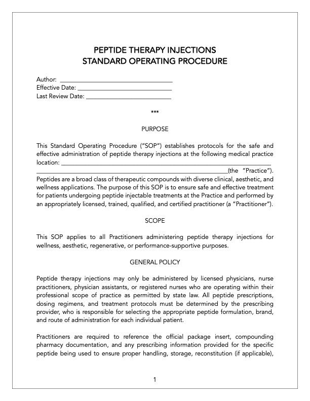 Peptide Injection Log Peptide Injections SOP Template, Peptide Therapy Protocol for Medical ...