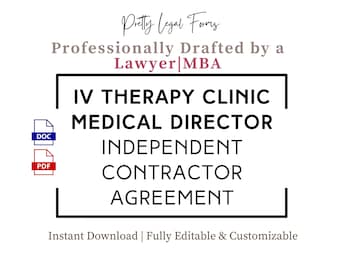 Könnte beinhalten: Eine schwarz-weiße Grafik mit dem Text "IV Therapy Clinic Medical Director Independent Contractor Agreement". Der Text ist in fetter, serifenloser Schrift. Die Grafik enthält auch die Wörter "DOC" und "PDF" in blauen bzw. roten Kästchen.