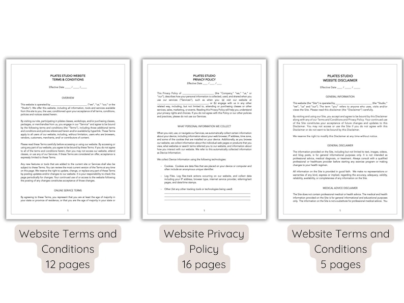 Puede incluir: Tres documentos titulados "T&eacute;rminos y condiciones del sitio web", "Pol&iacute;tica de privacidad del sitio web" y "Descargo de responsabilidad del sitio web". Los dos primeros documentos tienen 12 y 5 p&aacute;ginas, respectivamente. El documento central tiene 16 p&aacute;ginas.