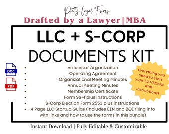 Peut inclure: Un graphique noir et blanc d'un dossier de document étiqueté "DOC" et un autre étiqueté "PDF". Le texte "LLC + S-CORP DOCUMENTS KIT" est en grandes lettres noires et grasses. Une liste des documents inclus dans le kit est listée sous le titre. Une étoile jaune avec le texte "Tout ce dont vous avez besoin pour démarrer votre LLC/SCorp avec des instructions !" est dans le coin supérieur droit.