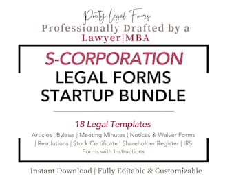 Könnte beinhalten: Ein digitaler Download von 18 Rechtsformularen für ein S-Corporation-Startpaket. Die Formulare wurden von einem Anwalt mit MBA-Abschluss professionell erstellt. Die Formulare umfassen Satzung, Geschäftsordnung, Protokoll der Sitzungen, Mitteilungen und Verzichtserklärungen, Beschlüsse, Aktienzertifikat, Aktionärsregister und IRS-Formulare mit Anweisungen. Die Formulare sind vollständig editierbar und anpassbar.