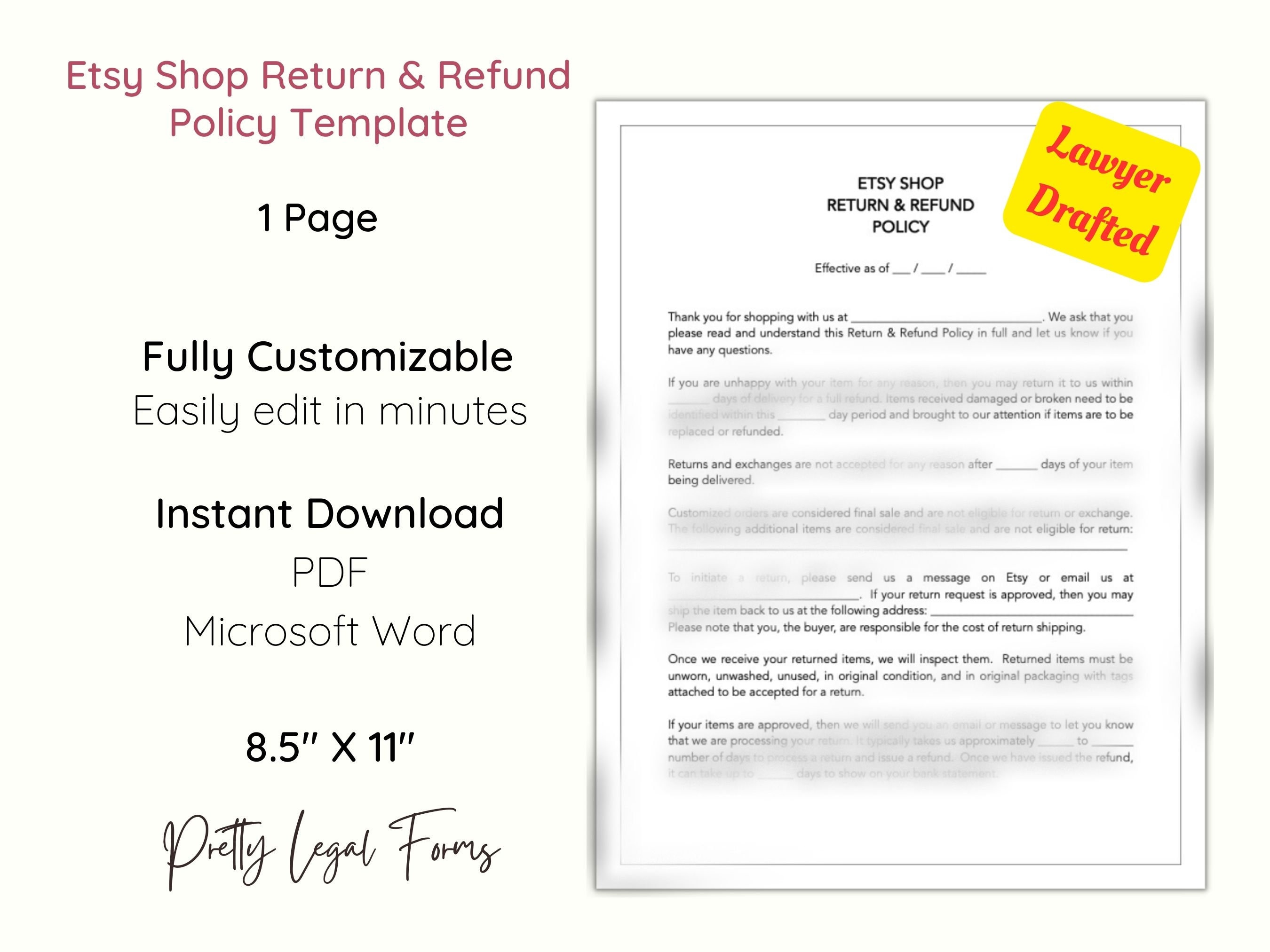 Etsy Seller Refund Policy Template, Etsy Shop Return Policy Form